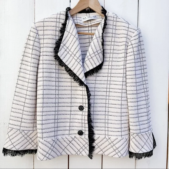St. John Collection Santana Women’s Blazer Cream White Black Knit Textured Tweed - Picture 12 of 12